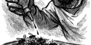 Titelbild Restentmilbung - Tuschezeichnung eines Imkers bei der Oxalsäureträufelung